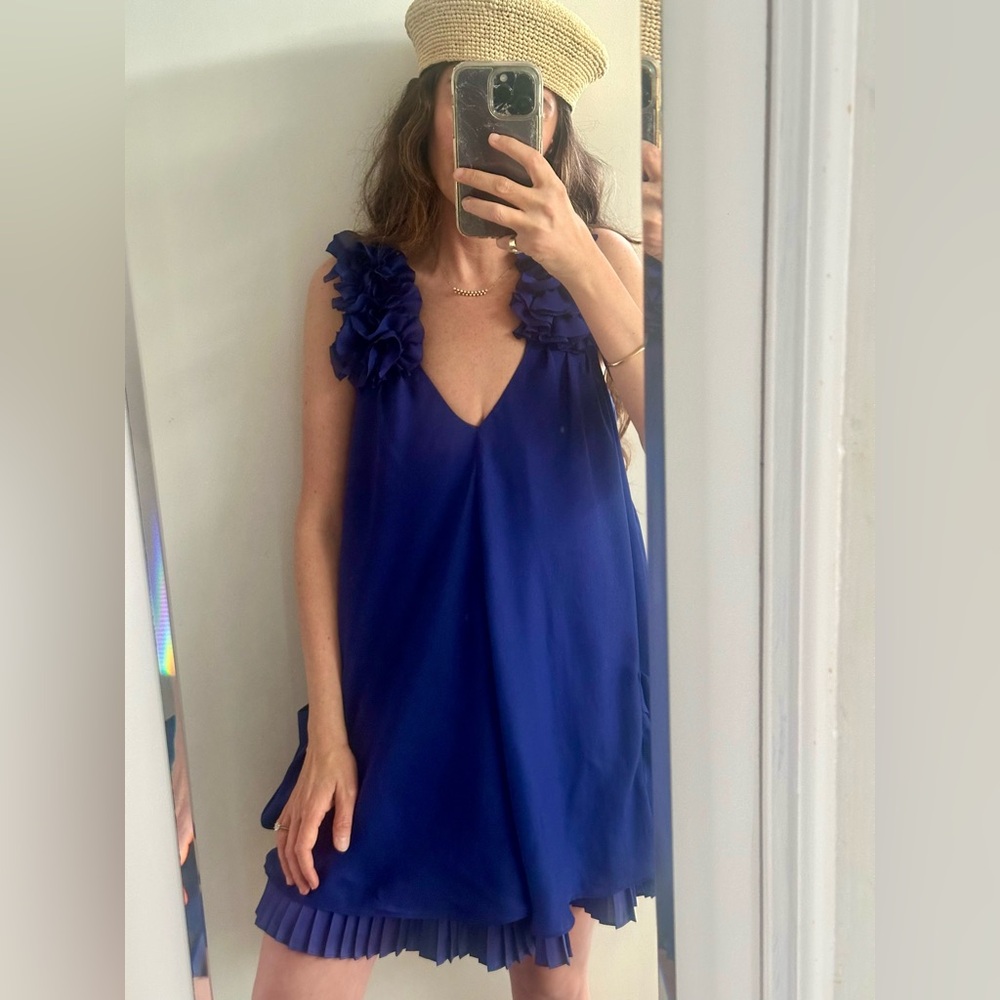 Plastic Island Blue Mini Dress with Pleated Tiered Design